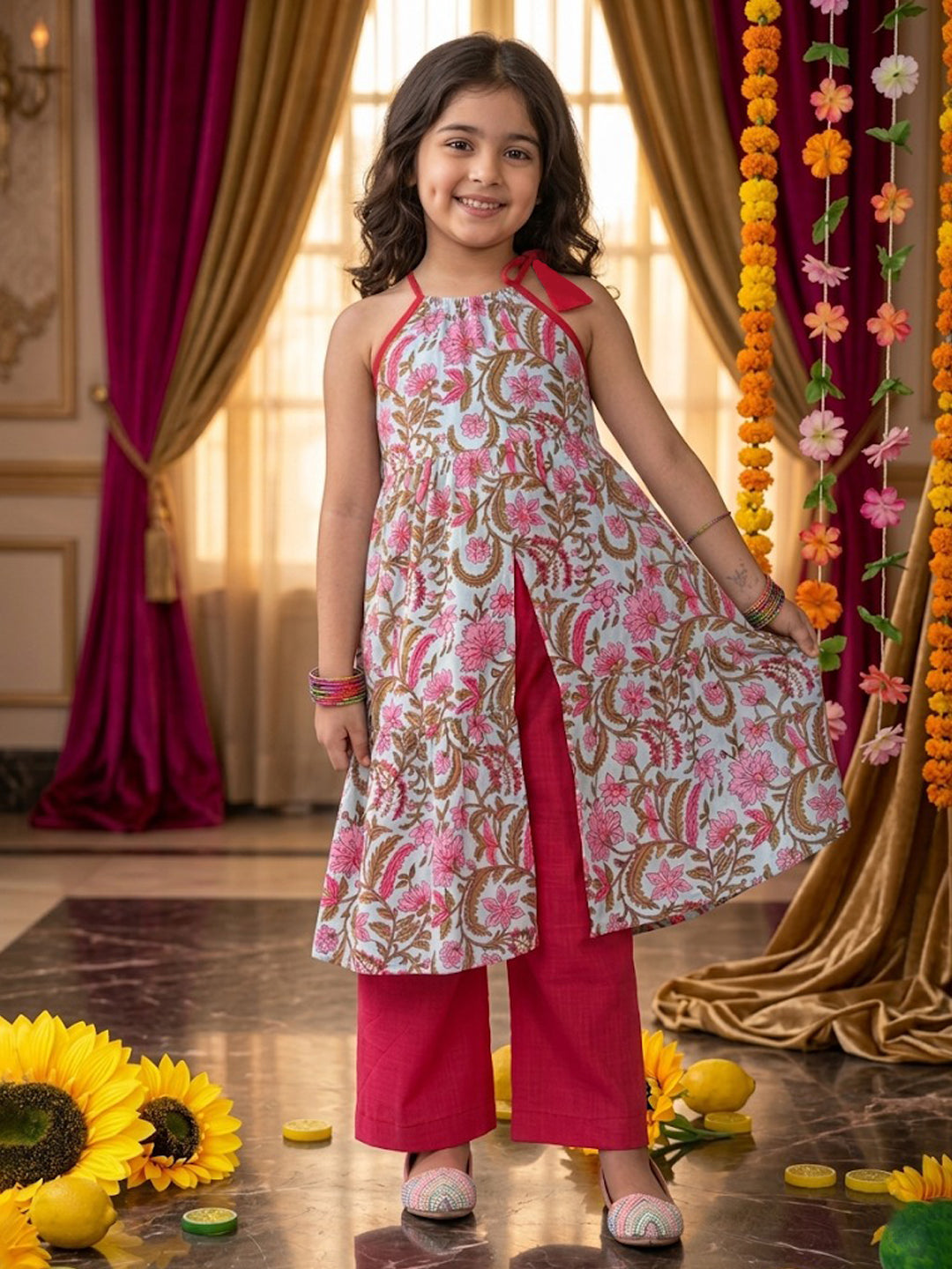 Pink Floral Printed Halter style kurti with Pink pant