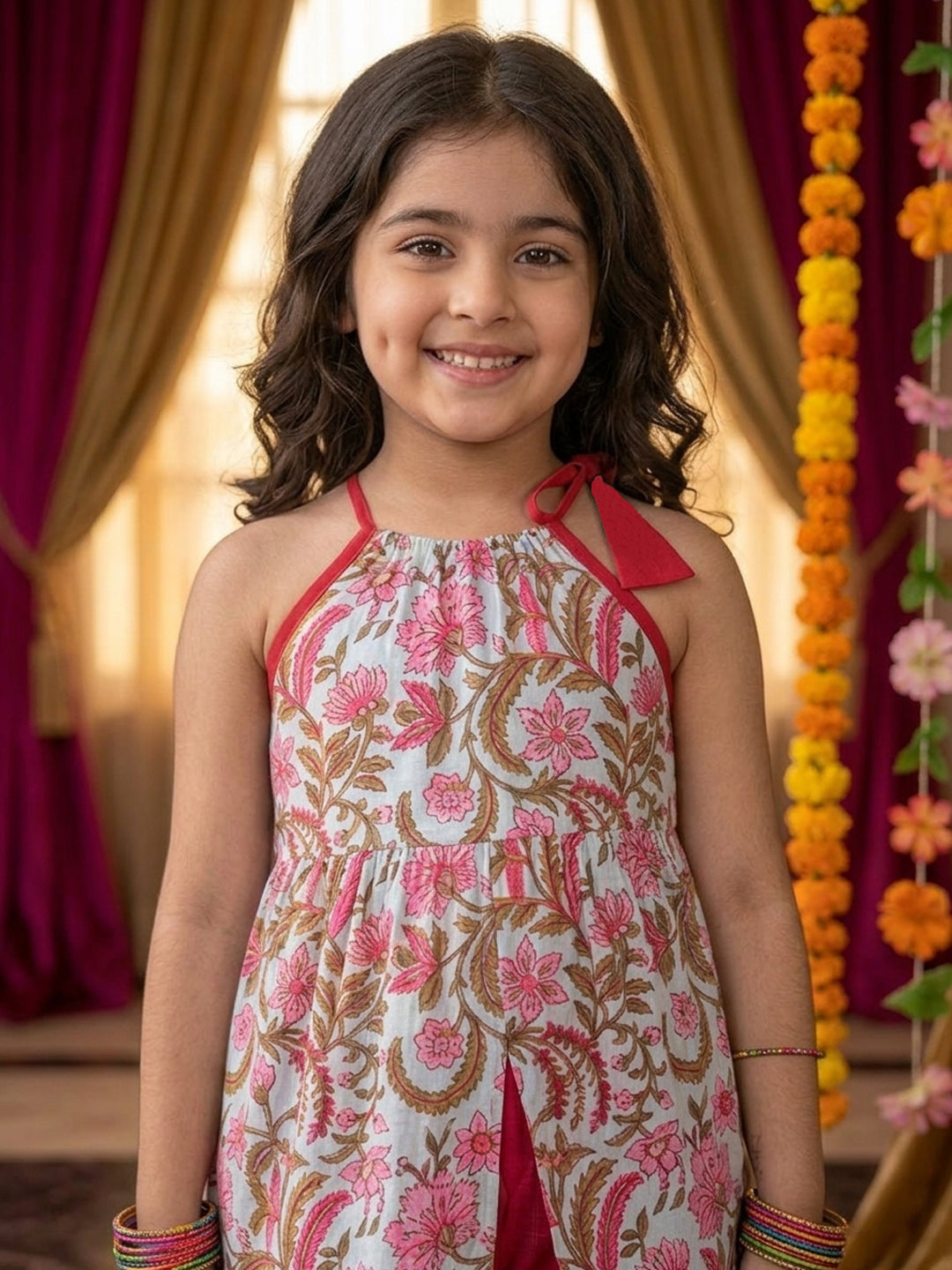 Pink Floral Printed Halter style kurti with Pink pant