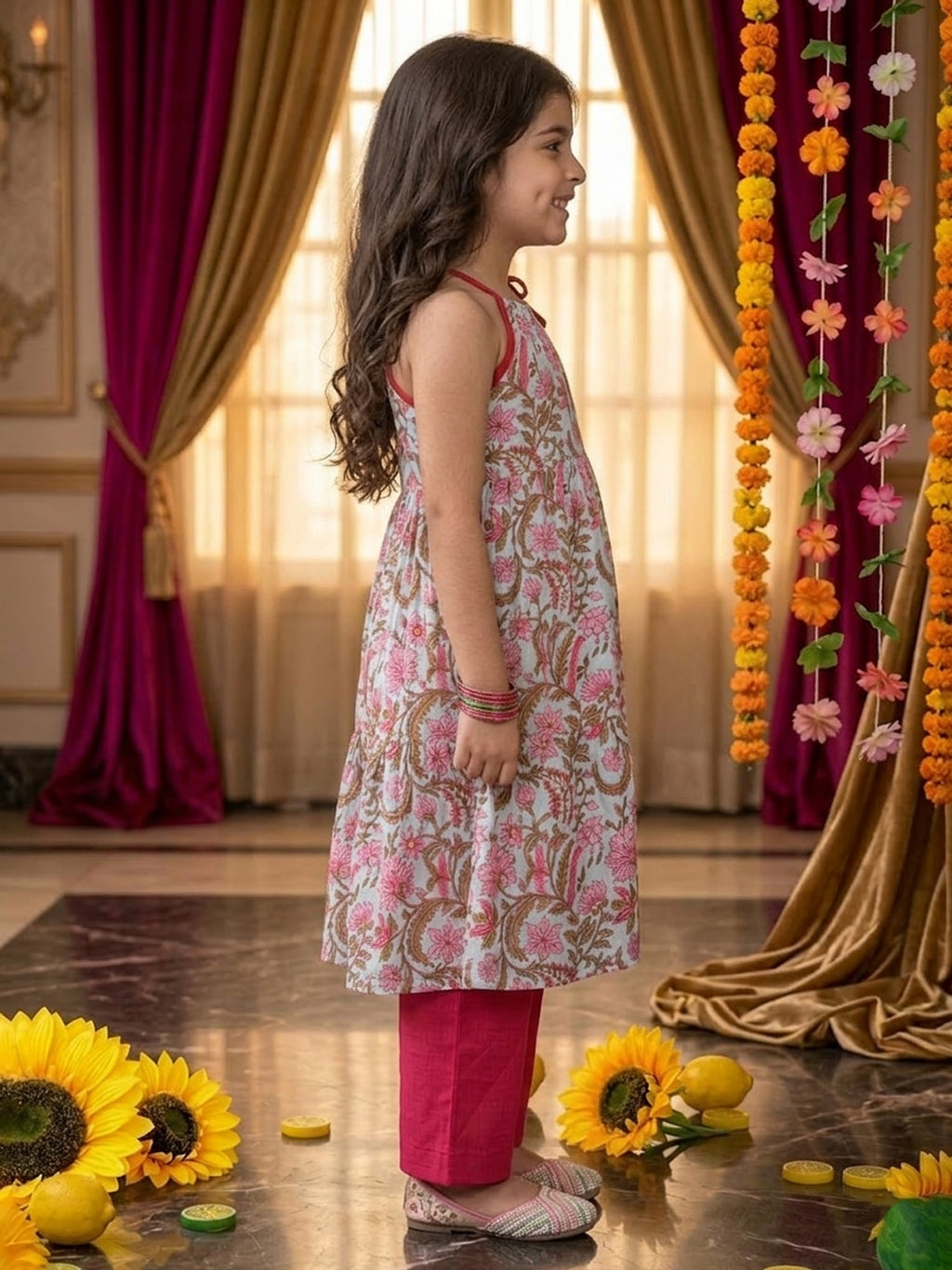 Pink Floral Printed Halter style kurti with Pink pant