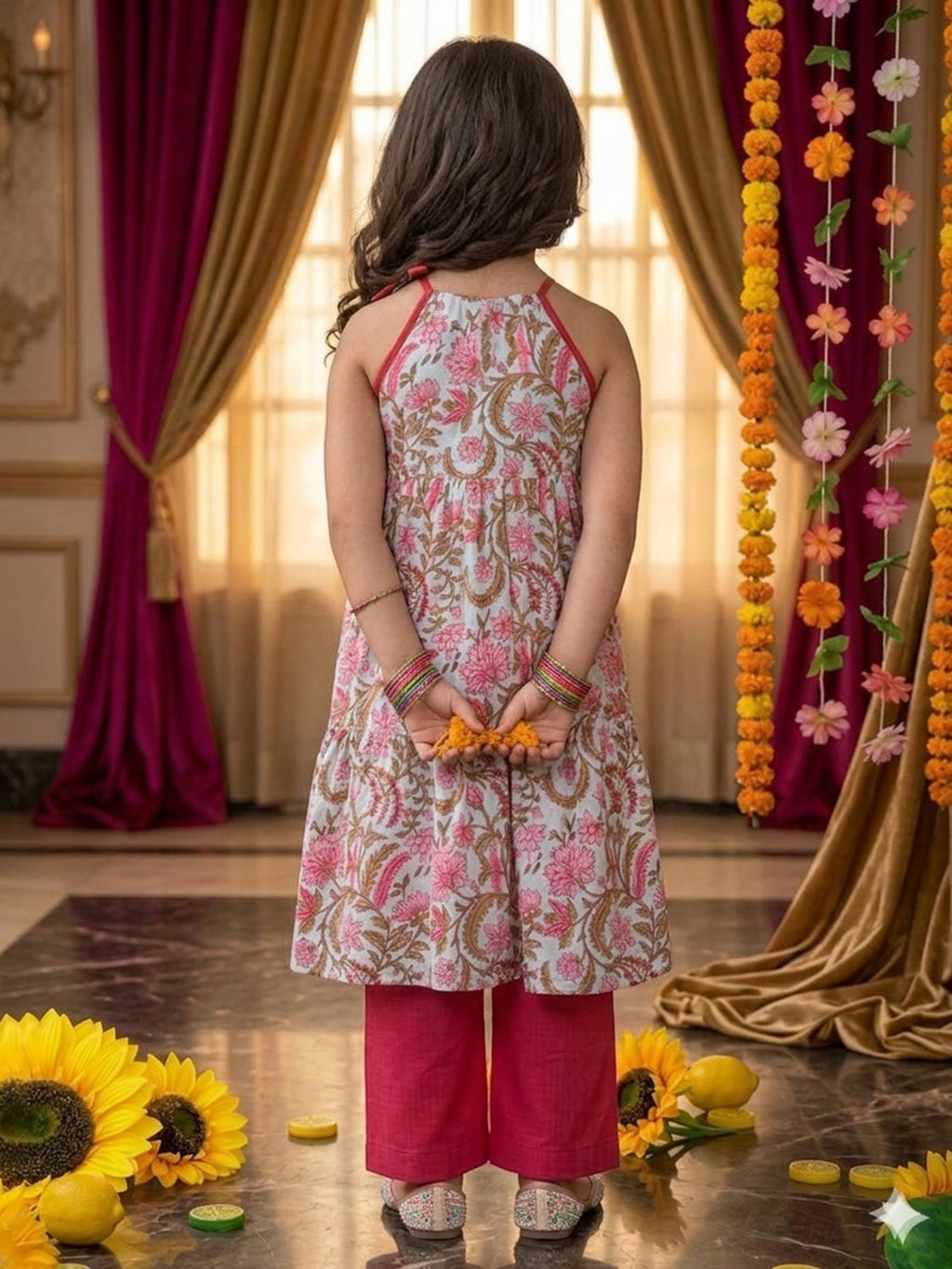 Pink Floral Printed Halter style kurti with Pink pant