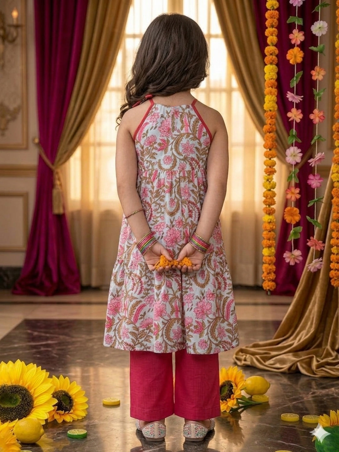 Pink Floral Printed Halter style kurti with Pink pant