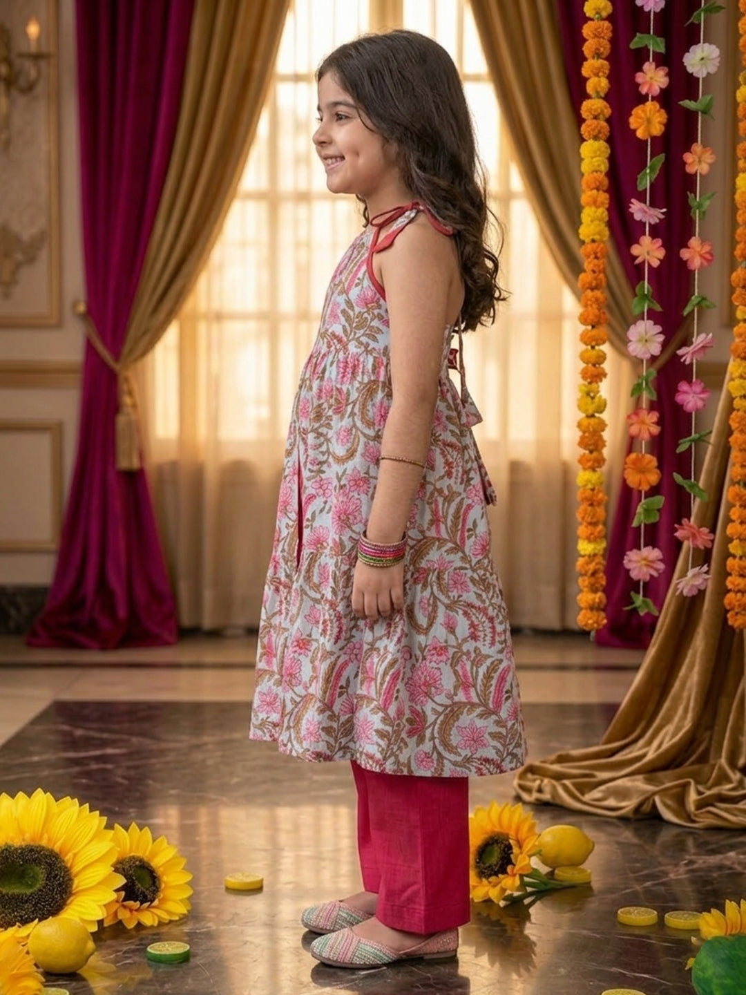 Pink Floral Printed Halter style kurti with Pink pant