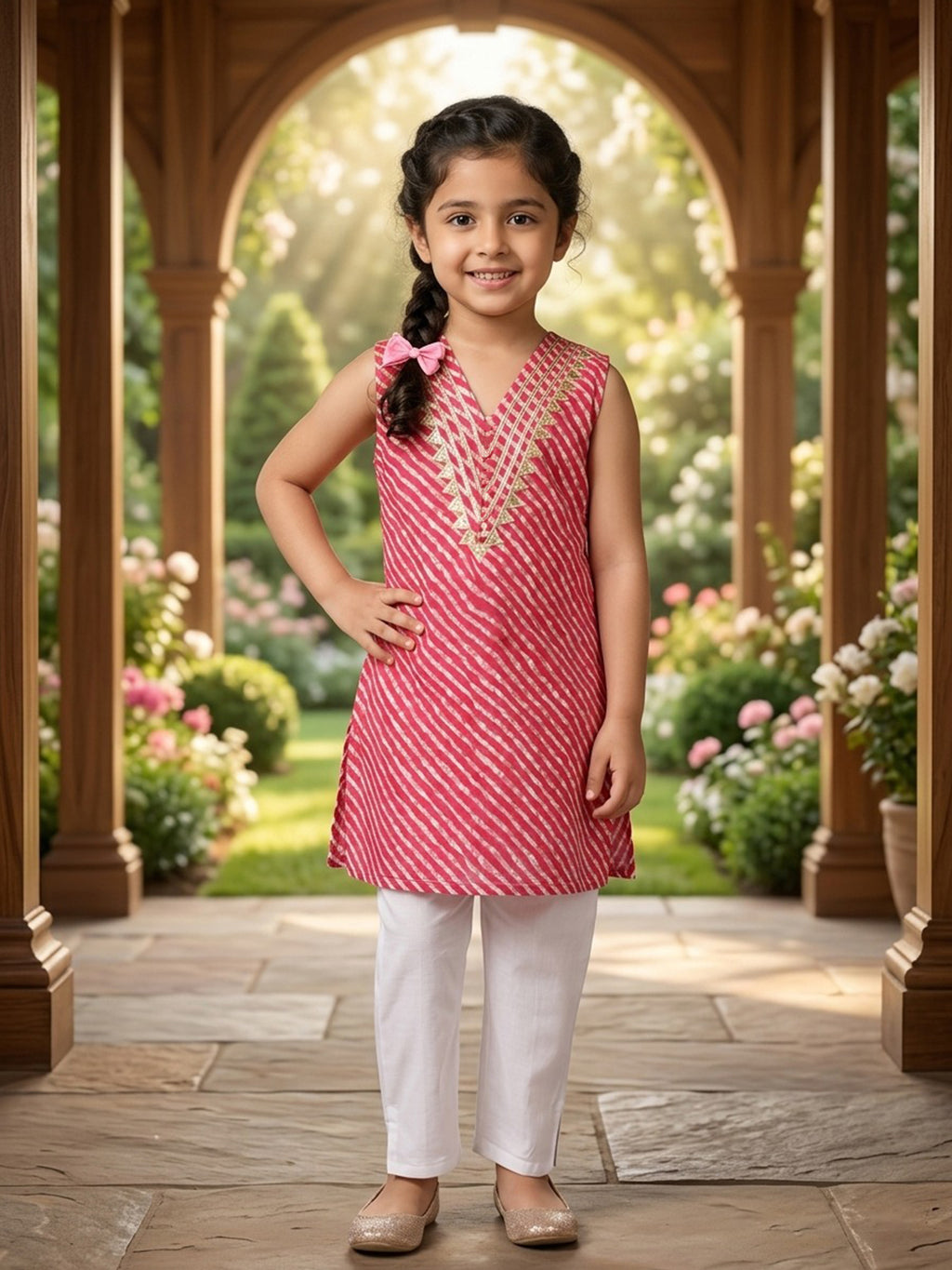 Pink Lehriya printed sleeveless kurti with white pant