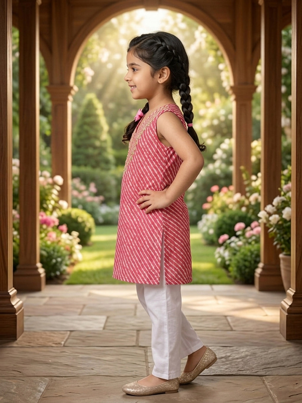 Pink Lehriya printed sleeveless kurti with white pant