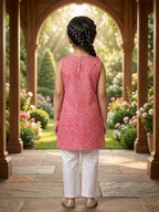 Pink Lehriya printed sleeveless kurti with white pant