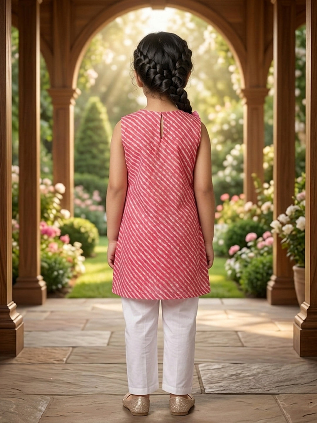 Pink Lehriya printed sleeveless kurti with white pant