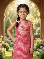 Pink Lehriya printed sleeveless kurti with white pant
