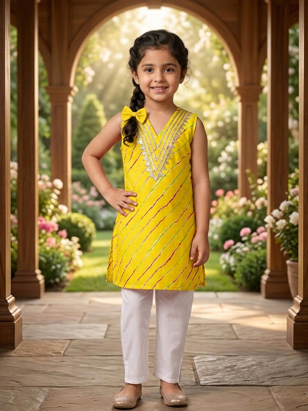 Yellow Lehriya printed sleeveless kurti with white pant