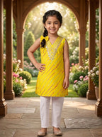 Yellow Lehriya printed sleeveless kurti with white pant