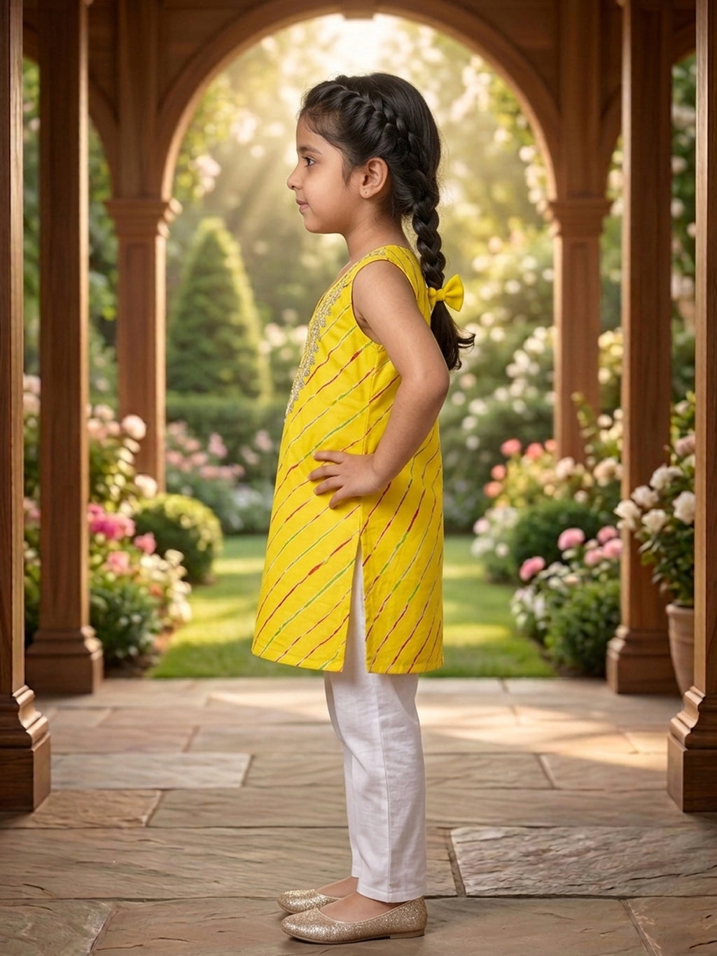Yellow Lehriya printed sleeveless kurti with white pant