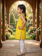 Yellow Lehriya printed sleeveless kurti with white pant