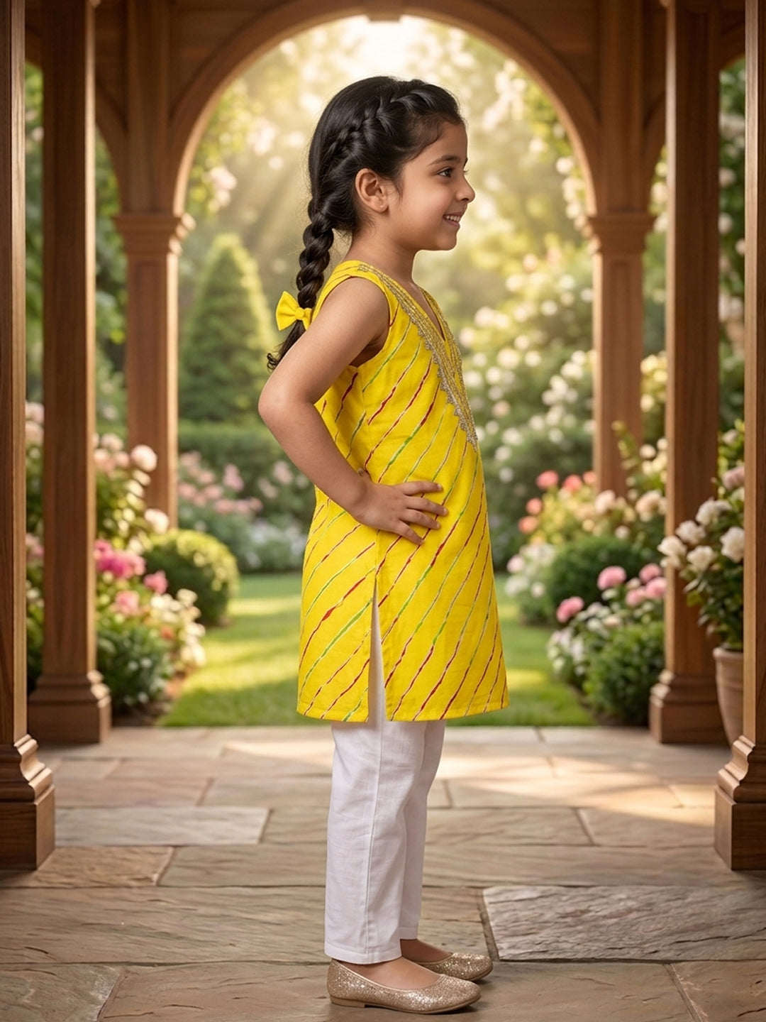 Yellow Lehriya printed sleeveless kurti with white pant