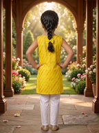Yellow Lehriya printed sleeveless kurti with white pant