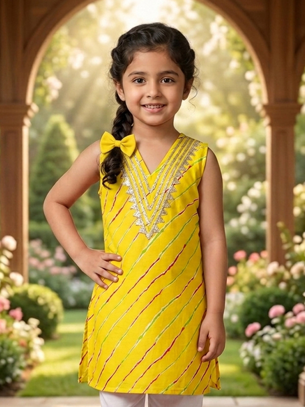 Yellow Lehriya printed sleeveless kurti with white pant