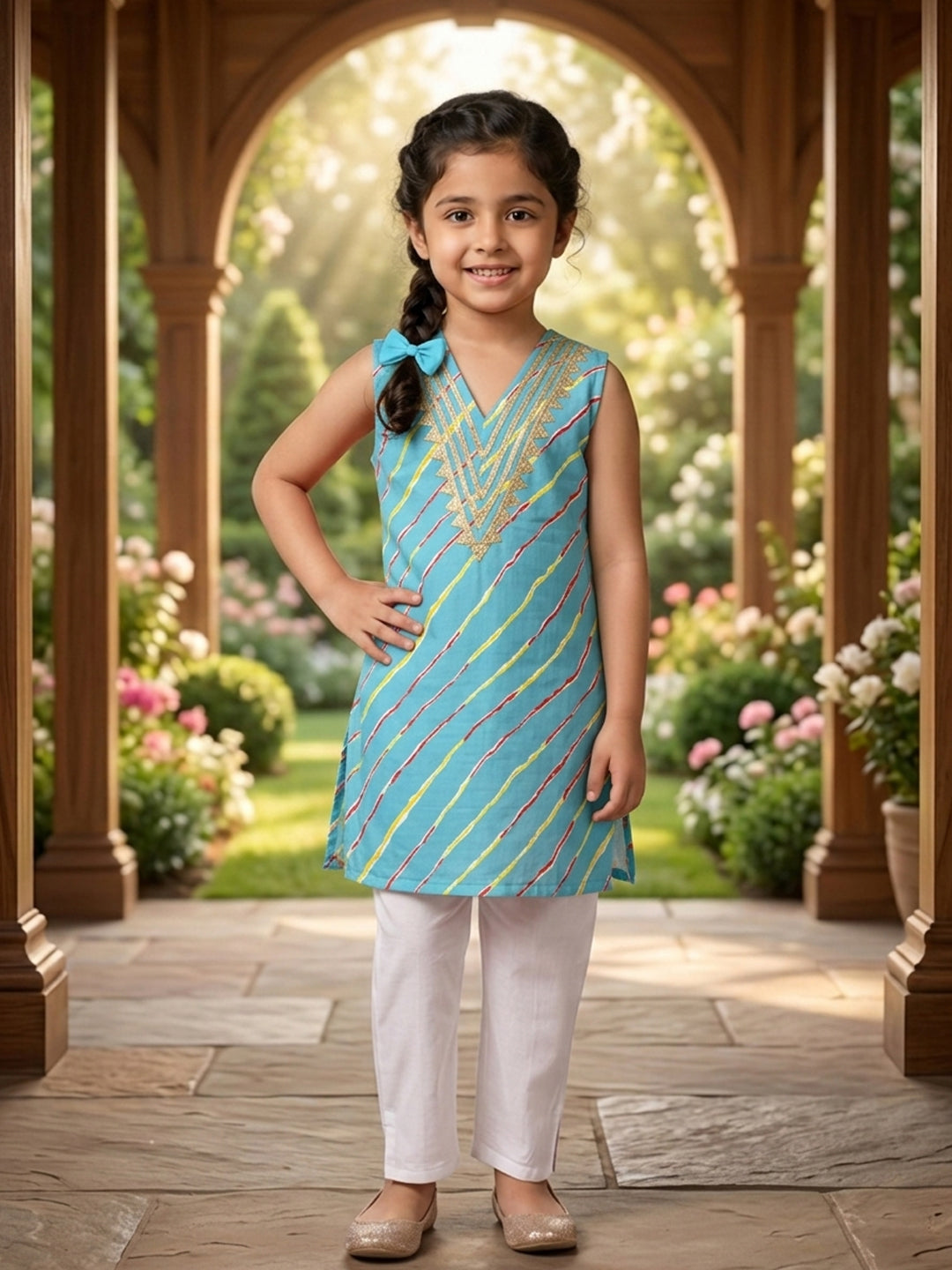 Blue Lehriya printed sleeveless kurti with white pant
