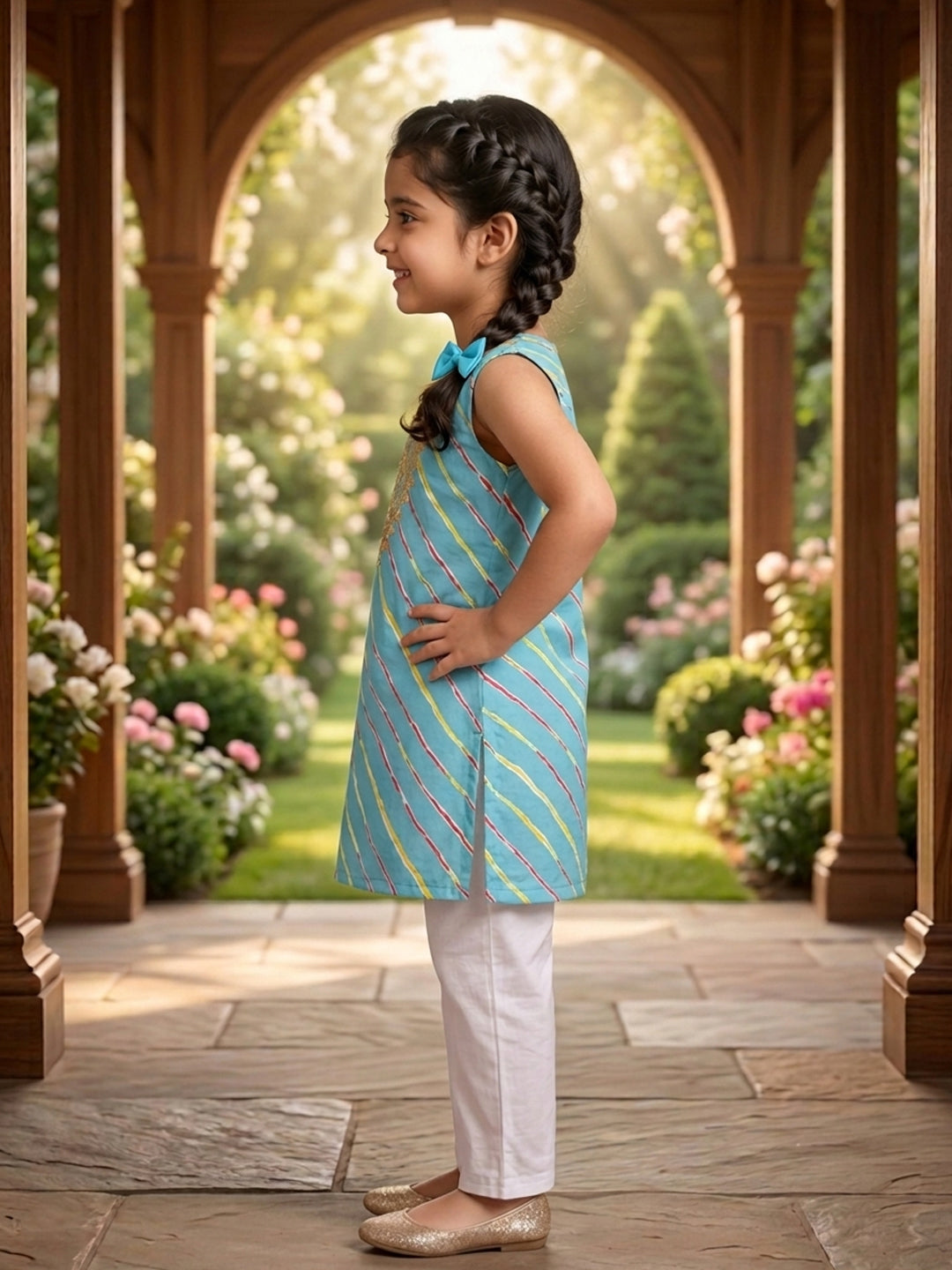 Blue Lehriya printed sleeveless kurti with white pant