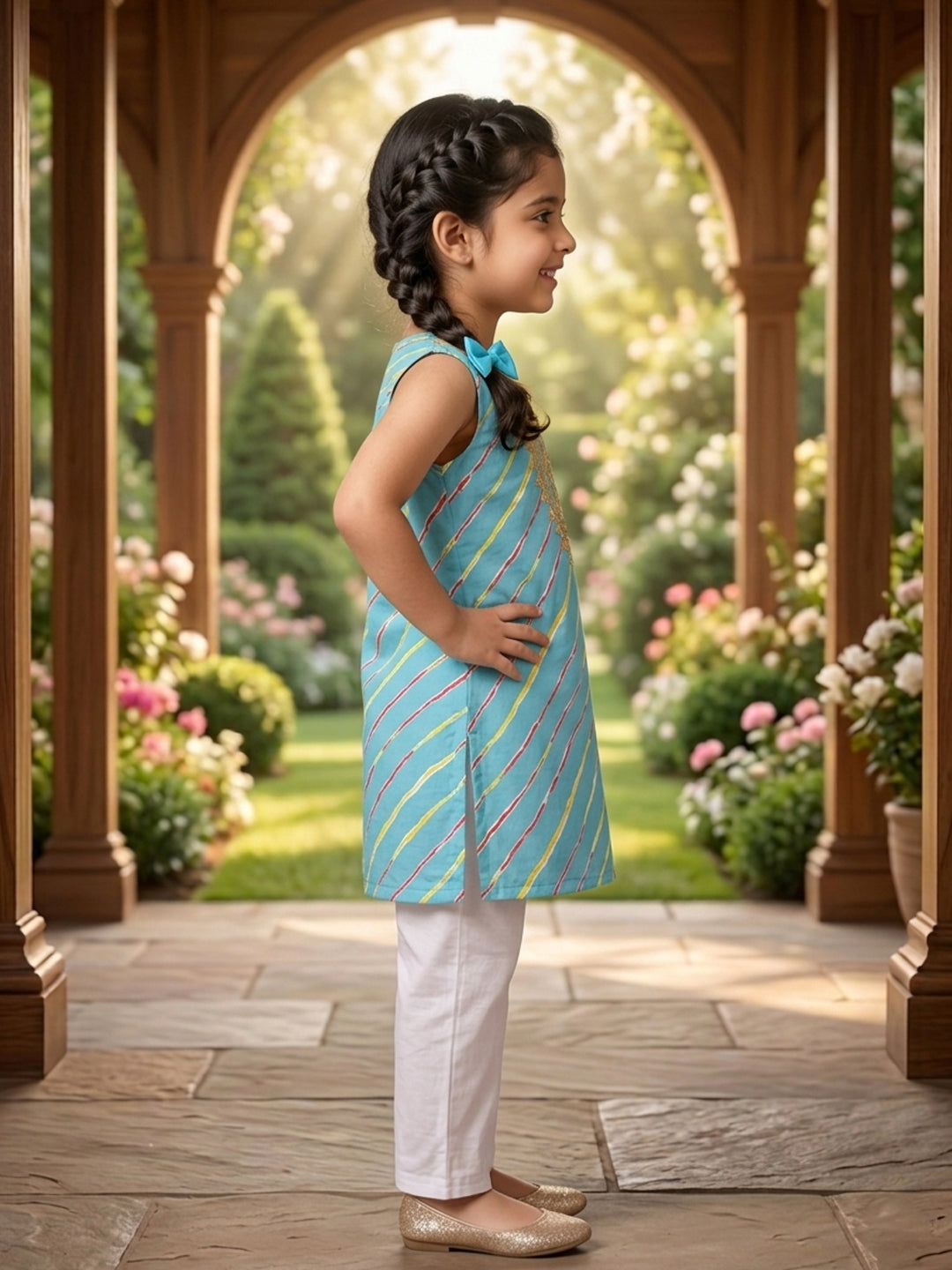 Blue Lehriya printed sleeveless kurti with white pant