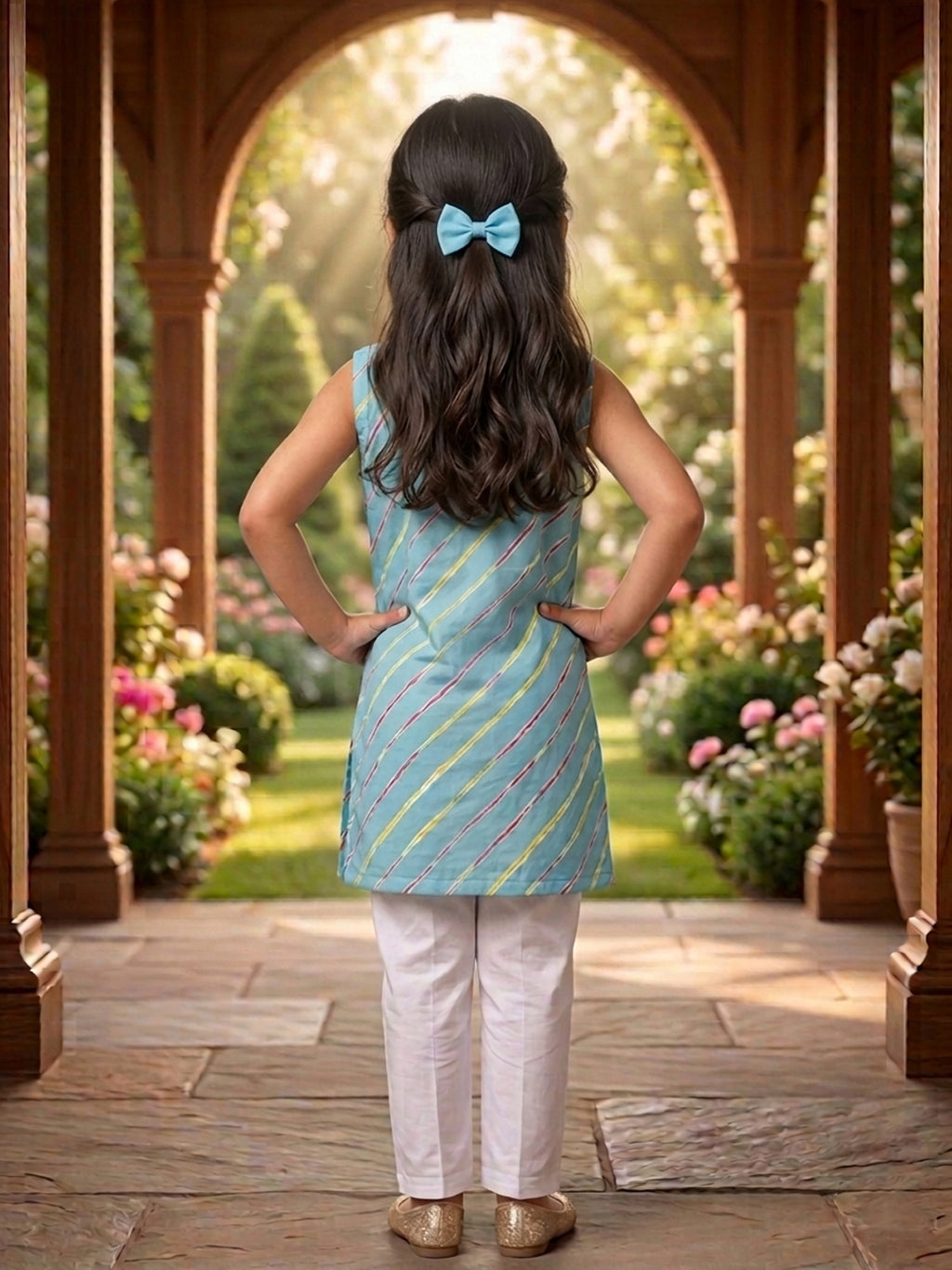 Blue Lehriya printed sleeveless kurti with white pant