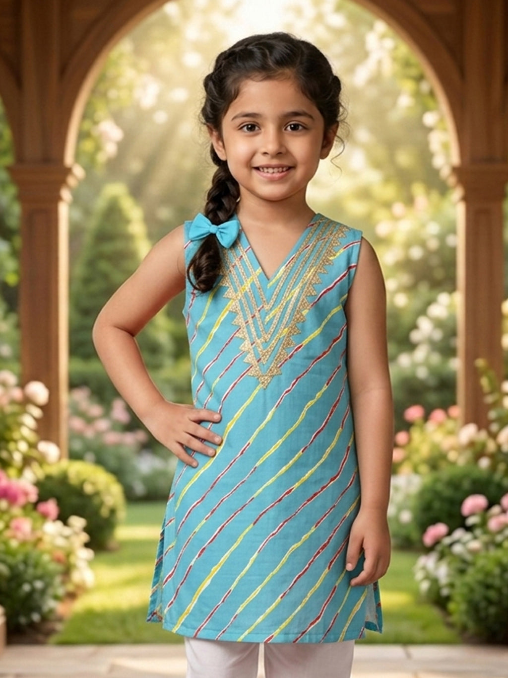 Blue Lehriya printed sleeveless kurti with white pant