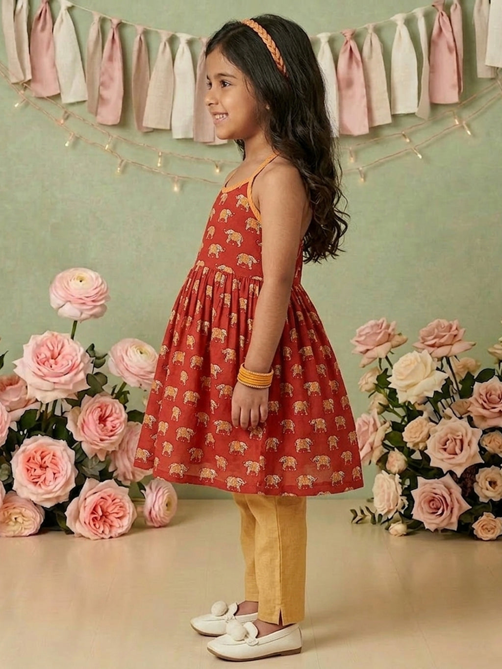 Red Elephant Printed Halter style kurti with pant
