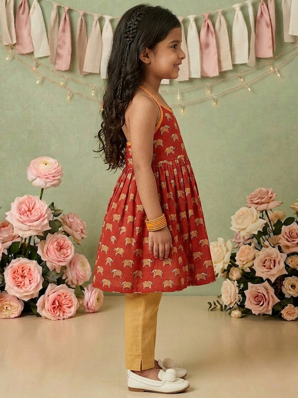 Red Elephant Printed Halter style kurti with pant