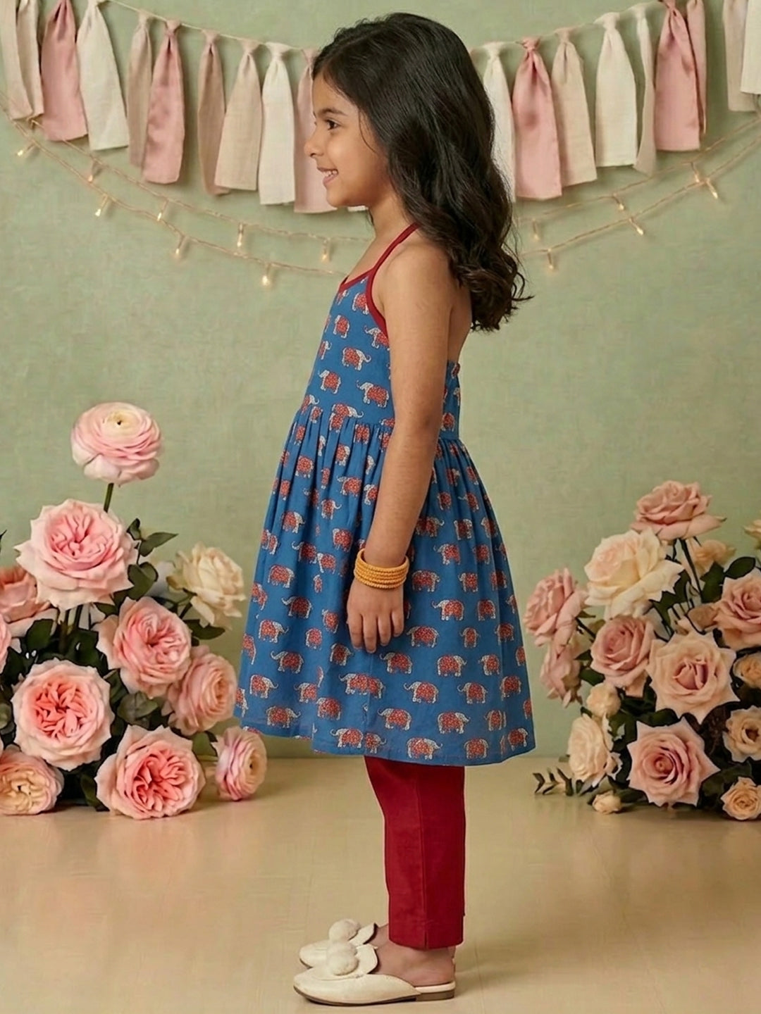 Blue Elephant Printed Halter style kurti with pant