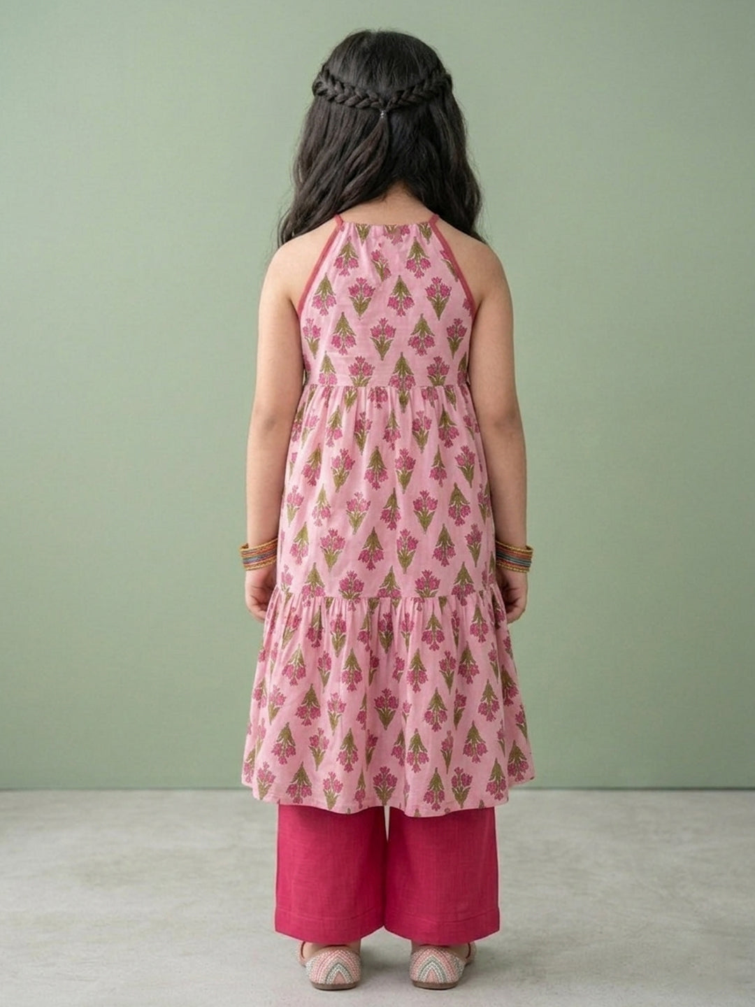 Pink Sleeveless Halter Style Kurti With Pant
