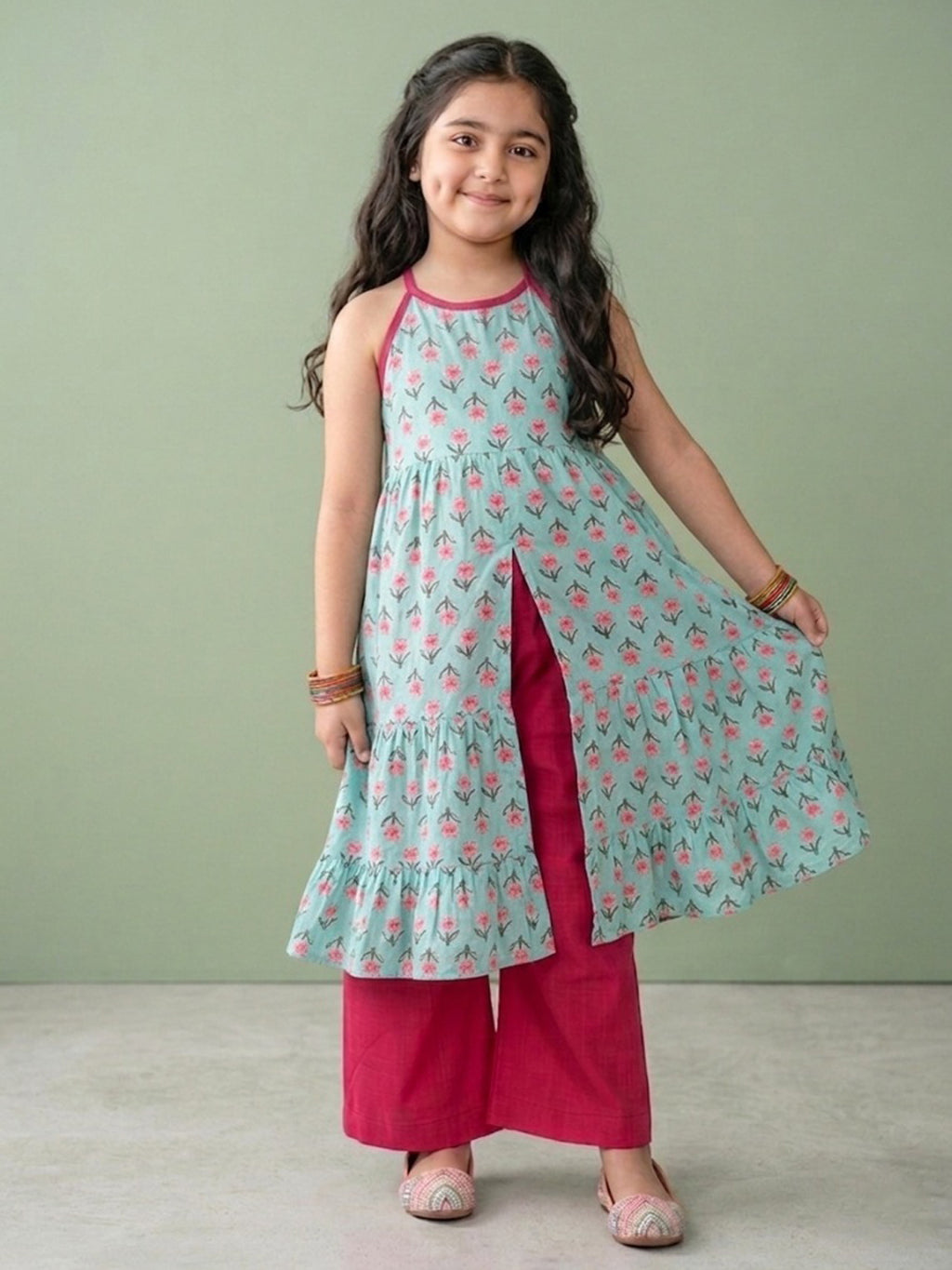 Green Sleeveless Halter Style Kurti With Pant