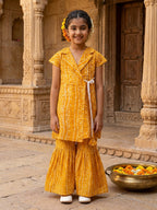 Yellow Bandhani printed half sleeves collared Kurti with white pant