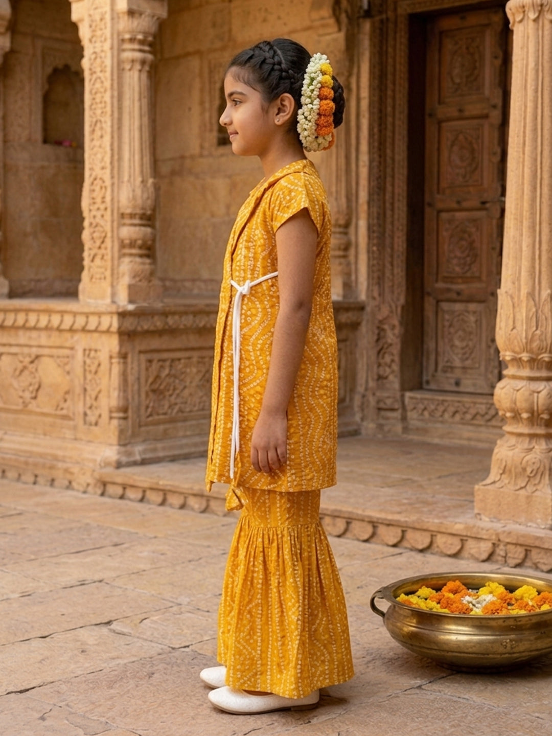 Yellow Bandhani printed half sleeves collared Kurti with white pant