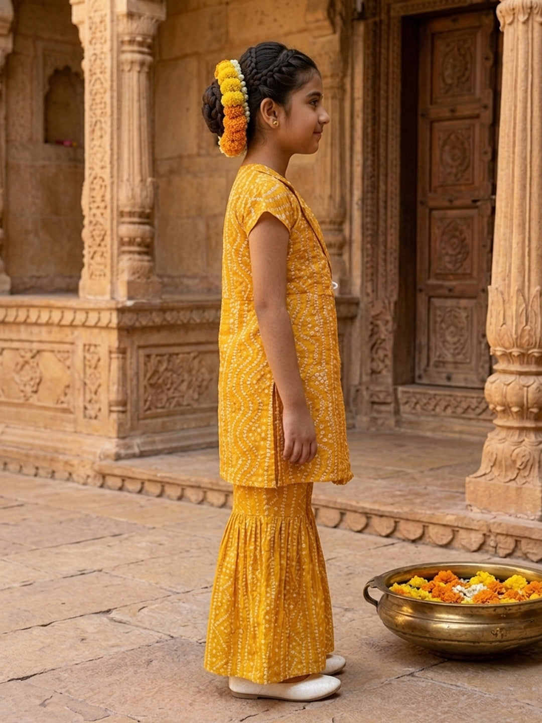Yellow Bandhani printed half sleeves collared Kurti with white pant