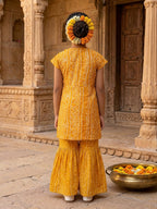 Yellow Bandhani printed half sleeves collared Kurti with white pant