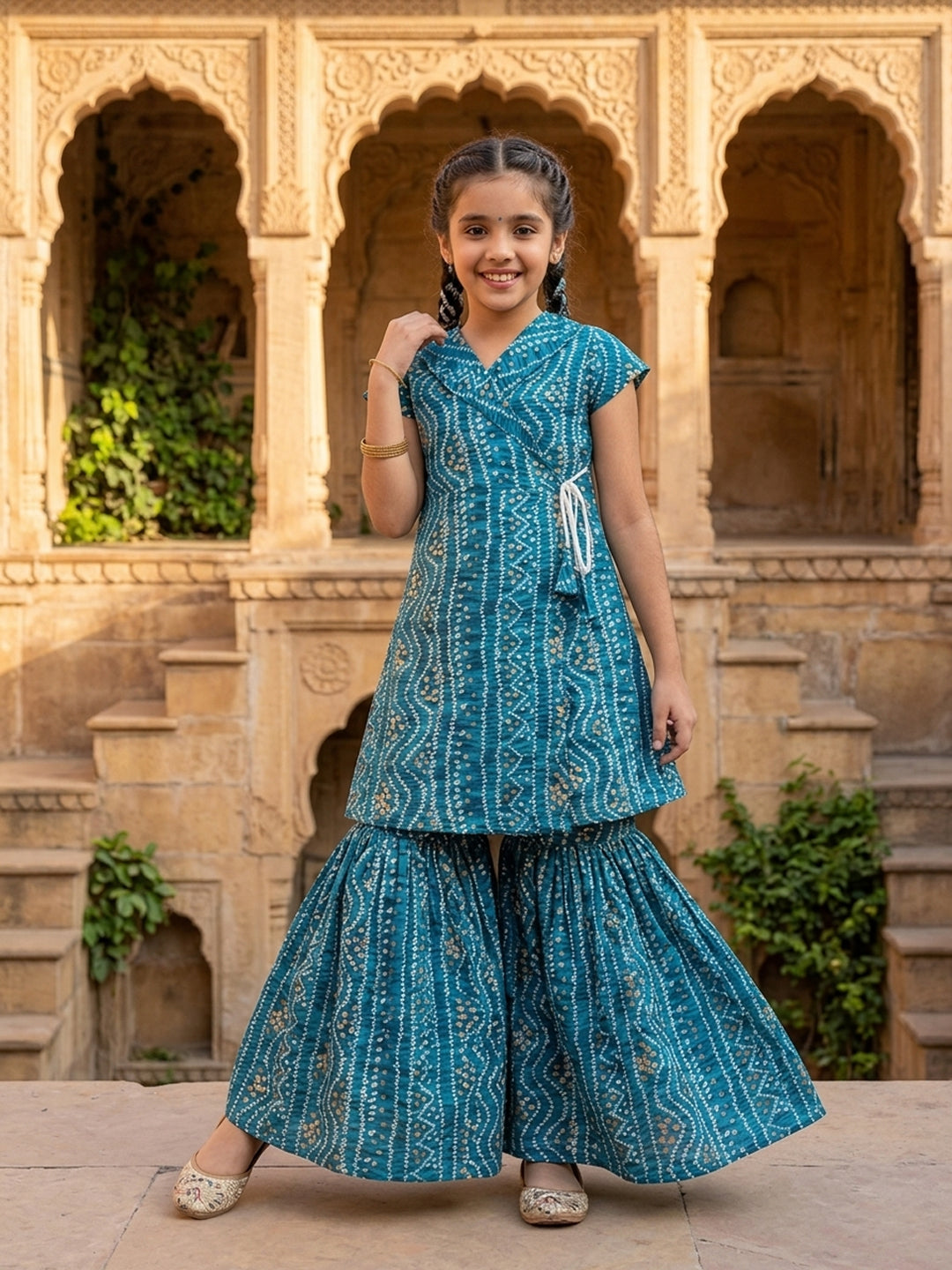 Blue Bandhani printed half sleeves collared Kurti with white pant
