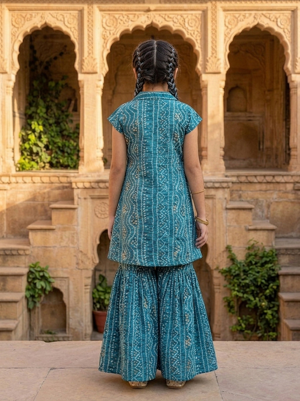Blue Bandhani printed half sleeves collared Kurti with white pant