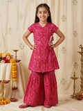 Pink Bandhani printed half sleeves collared Kurti with white pant