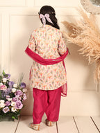 Cream Chanderi bird printed kurti Wih Pink Pant and dupatta