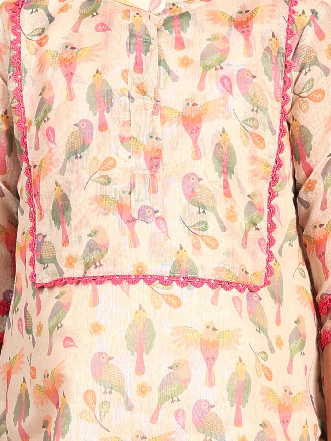 Cream Chanderi bird printed kurti Wih Pink Pant and dupatta