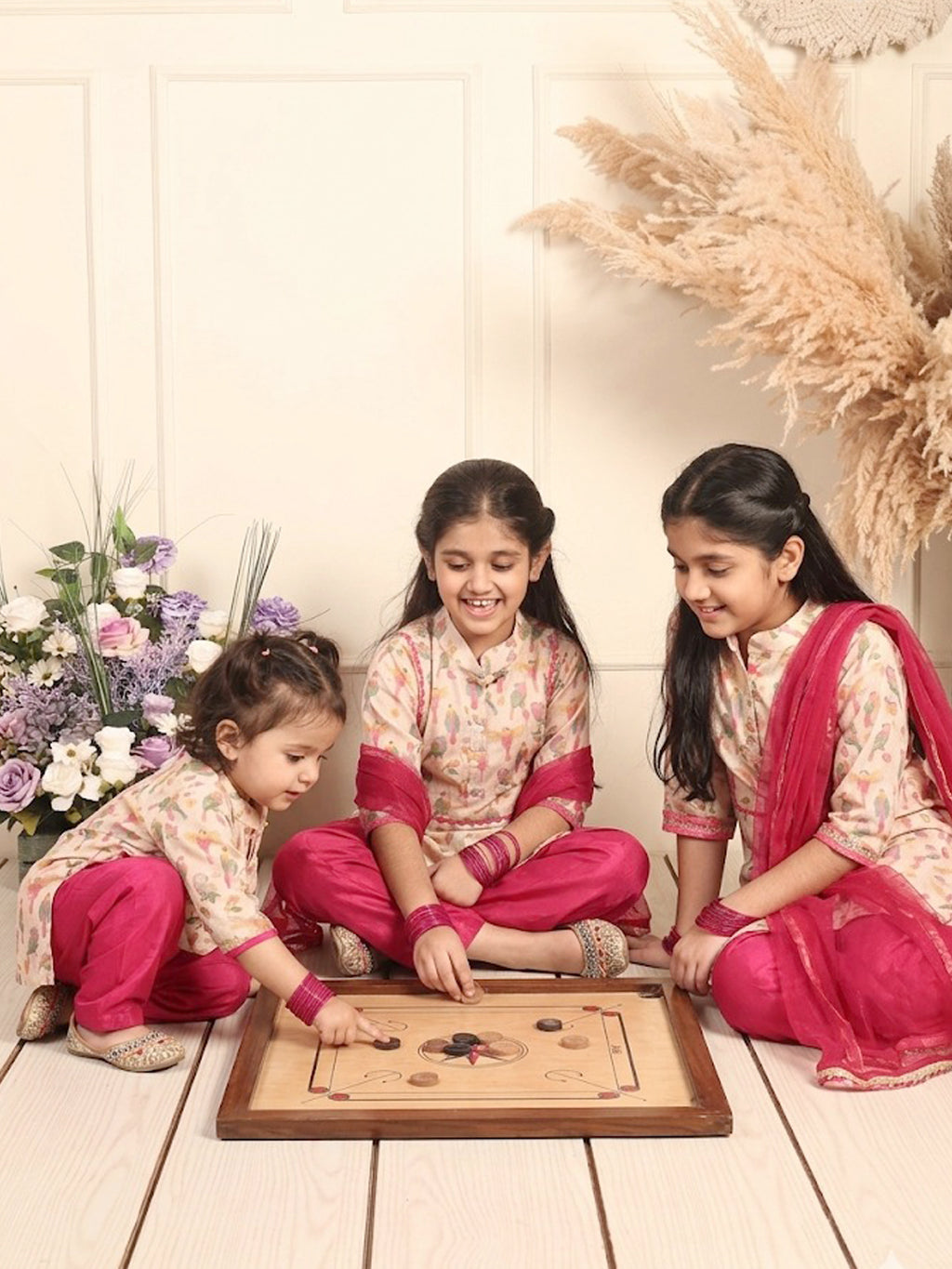 Cream Chanderi bird printed kurti Wih Pink Pant and dupatta