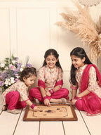 Cream Chanderi bird printed kurti Wih Pink Pant and dupatta