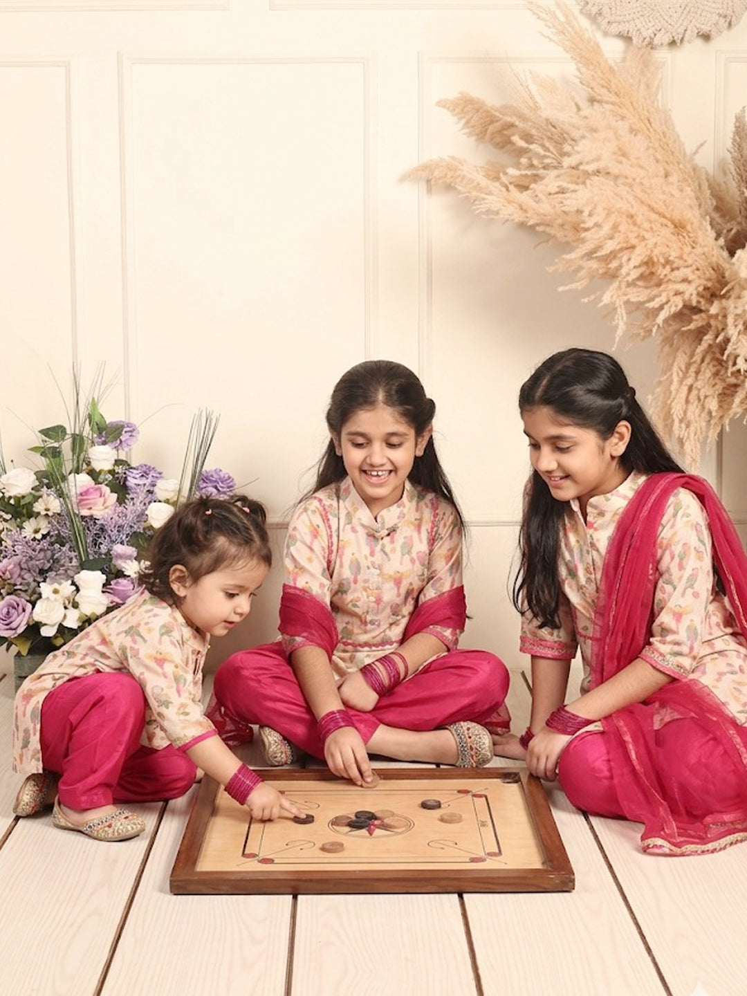 Cream Chanderi bird printed kurti Wih Pink Pant and dupatta