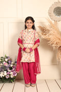Cream Chanderi bird printed kurti Wih Pink Pant and dupatta