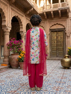 Cream Chanderi floral printed kurti Wih Pink Pant and dupatta