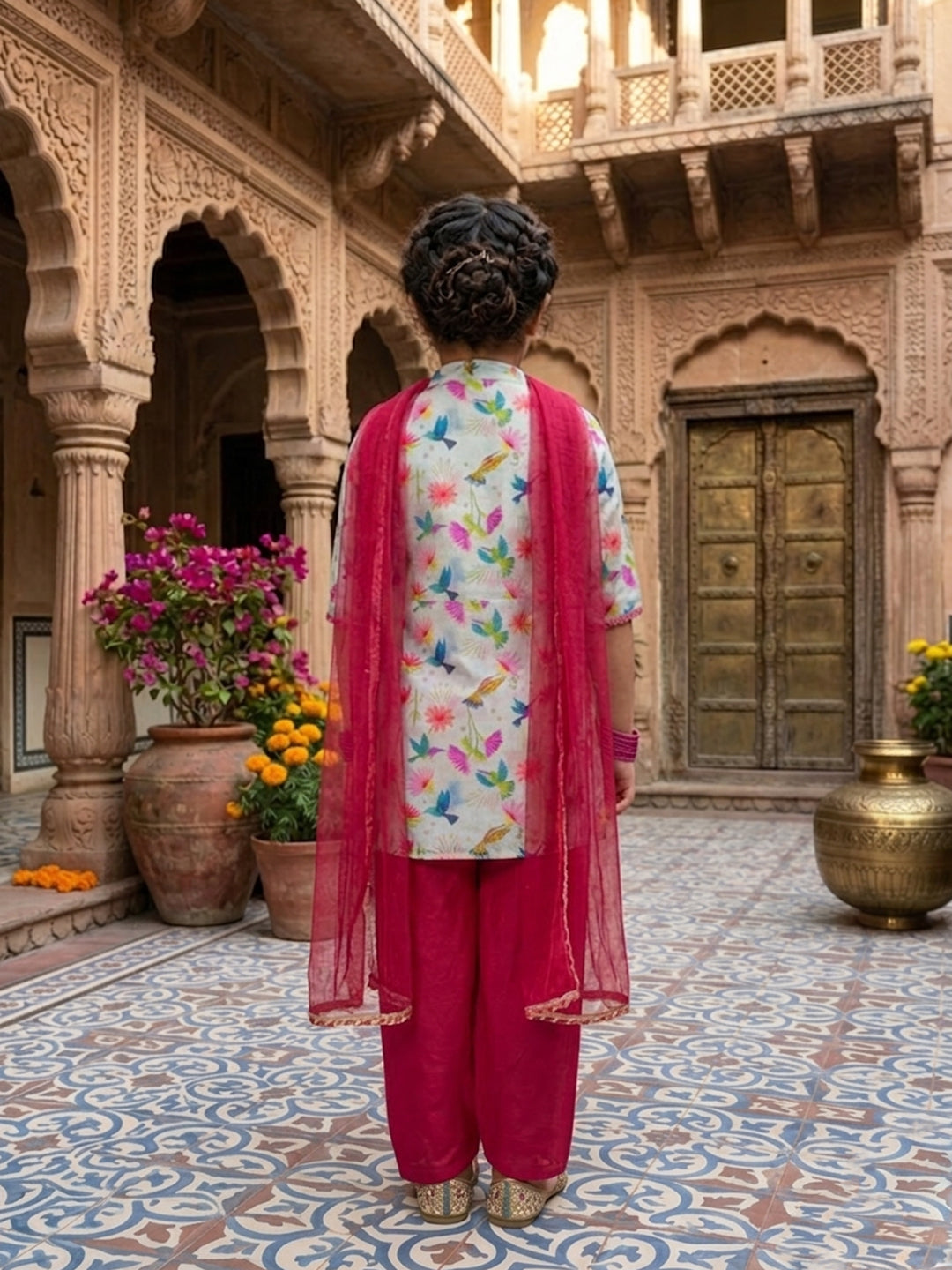 Cream Chanderi floral printed kurti Wih Pink Pant and dupatta