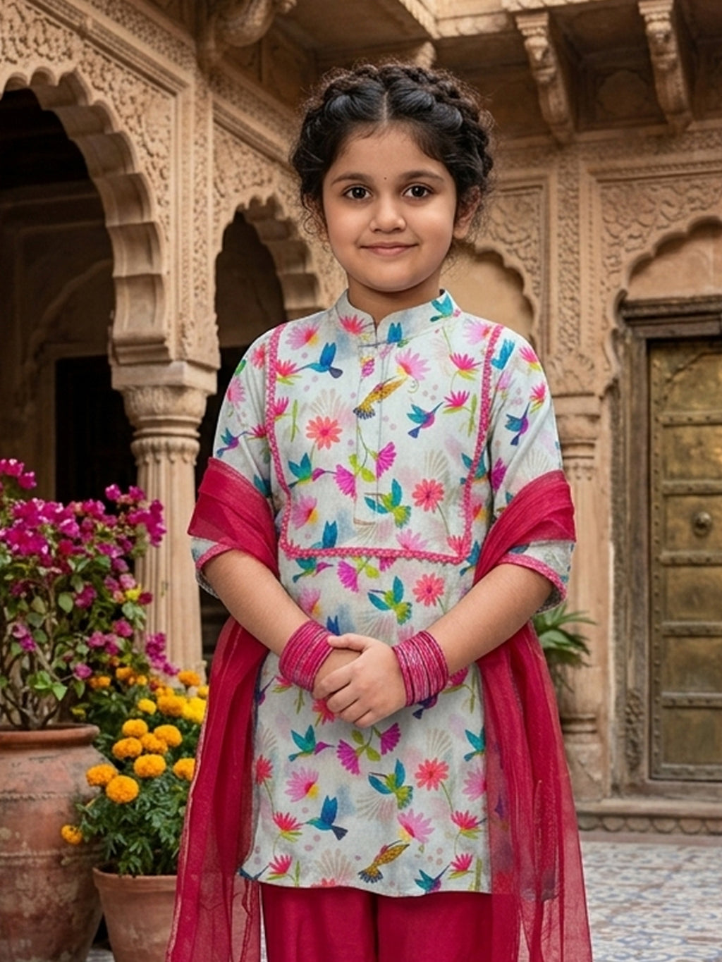 Cream Chanderi floral printed kurti Wih Pink Pant and dupatta