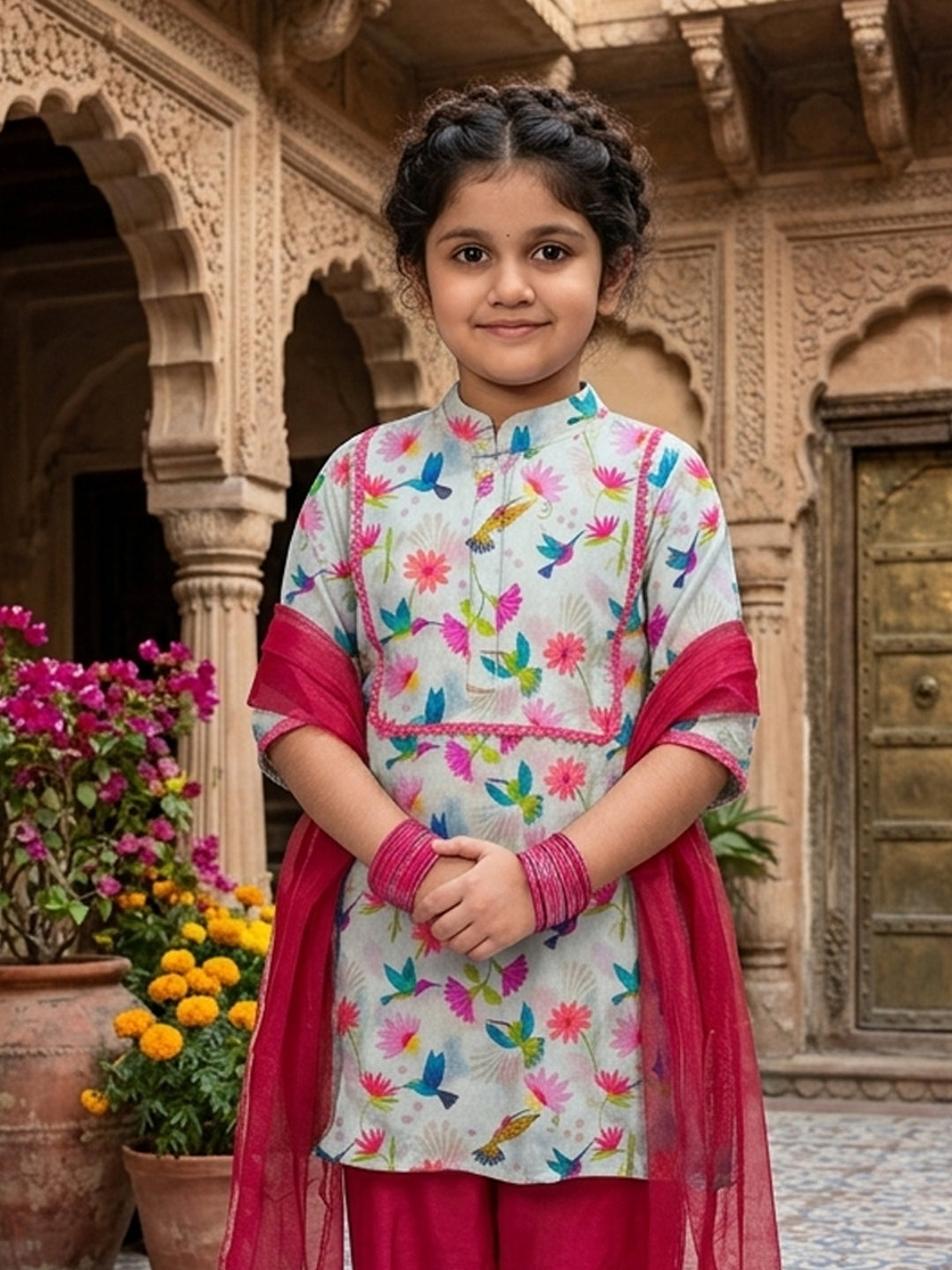 Cream Chanderi floral printed kurti Wih Pink Pant and dupatta