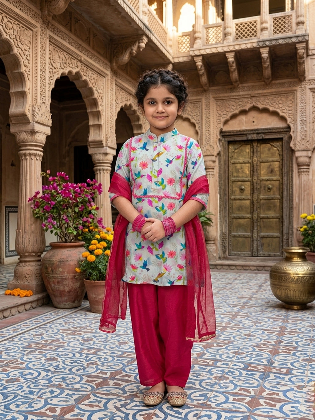 Cream Chanderi floral printed kurti Wih Pink Pant and dupatta