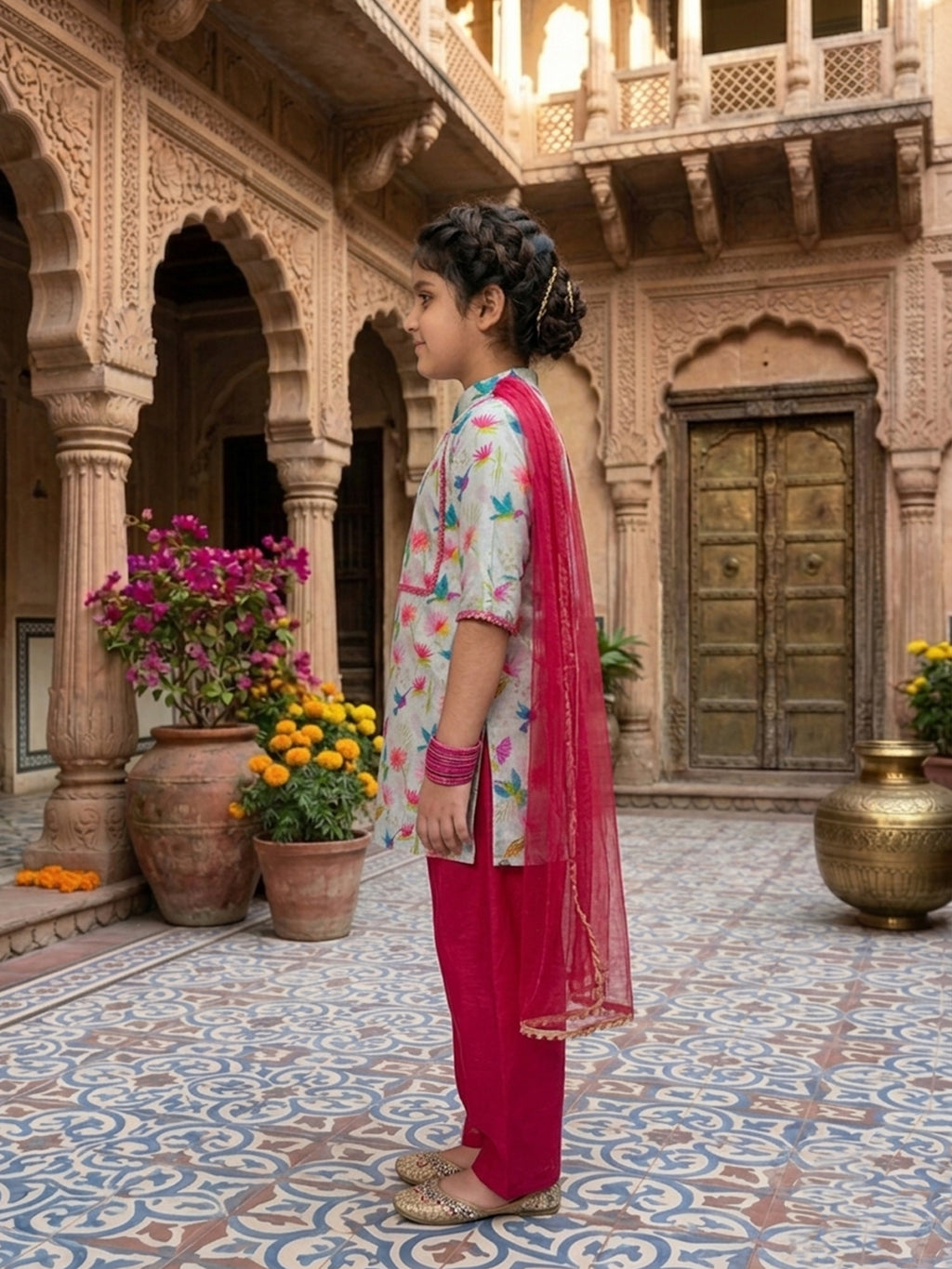 Cream Chanderi floral printed kurti Wih Pink Pant and dupatta