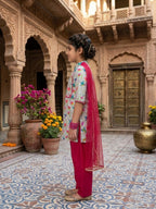 Cream Chanderi floral printed kurti Wih Pink Pant and dupatta