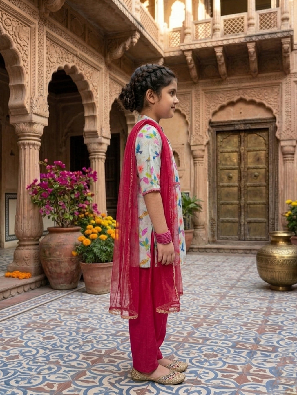 Cream Chanderi floral printed kurti Wih Pink Pant and dupatta