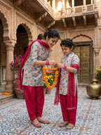 Cream Chanderi floral printed kurti Wih Pink Pant and dupatta
